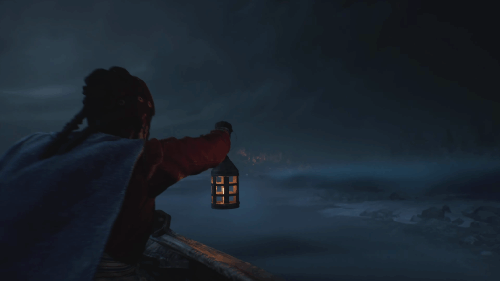 Screenshot aus Banishers: Ghosts of New Eden. Rückenansicht von Antea Duarte in einer Halbnahen. Sie hält eine Laterne und blickt in den düsteren Nebel vor ihr.