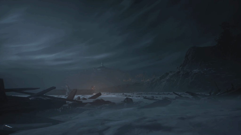 Screenshot aus Banishers: Ghosts of New Eden. Eine düstere, nebelige Küstenlandschaft in einer Totalen. Im Zentrum sind klein zwei Menschen in einem Ruderbot zu erkennen wie sie an einem Strand voller Treibholz ankommen. In der Ferne ein erloschener Leuchtturm.