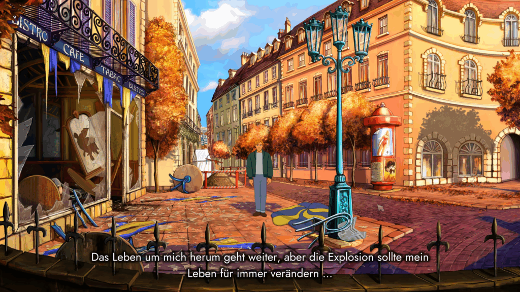 Screenshot aus Baphomets Fluch Reforged mit deutlich überarbeiteter, hochauflösender Grafik: Die gleiche Pariser Straßenszene wie im Original – ein zerstörtes Café links, herbstliche Bäume, Kopfsteinpflaster und der Protagonist George Stobbart in der Bildmitte. Die Umgebung wirkt detaillierter, mit glatteren Texturen, kräftigeren Farben und feiner ausgearbeiteten Licht- und Schatteneffekten. Unten eingeblendet ist der Text: „Das Leben um mich herum geht weiter, aber die Explosion sollte mein Leben für immer verändern …“.