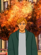 Detailausschnitt aus dem letzten Screenshot. George steht vor orange-gelb dominiertem Herbst-Hintergrund und sieht mit gleichmütiger, vage zuversichtlicher Mine direkt der Betrachter:in entgegen.