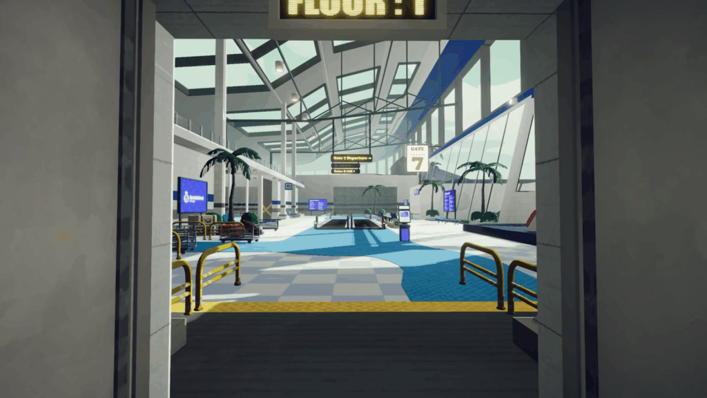 Blick aus dem Aufzug in die Wartehalle eines Flughafenterminals.