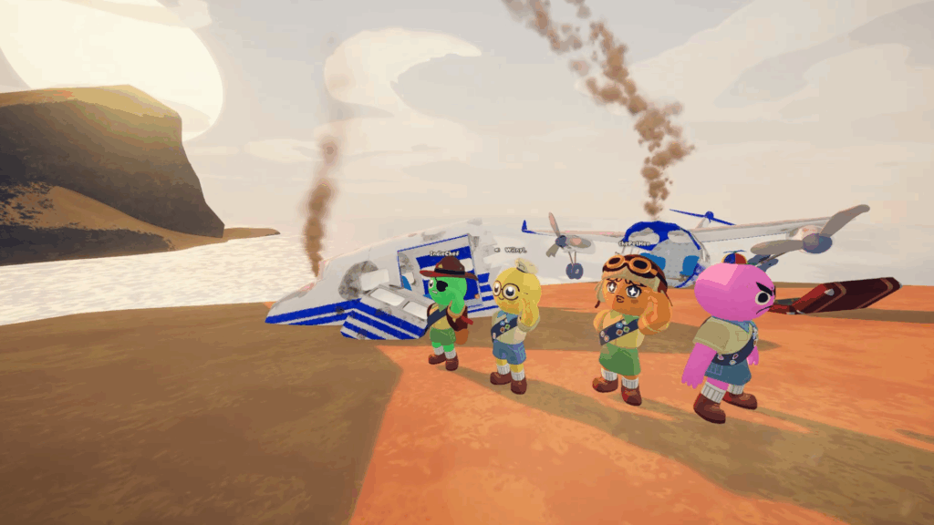 Vier knubellige Avatare in Pfadfinderuniformen stehen vor einem rauchenden Flugzeugwrack.