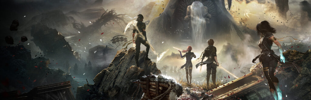 Concept Art von Clair Obscur: Expedition 33. Vier Figuren mit ihren Waffen sind in einer verwüsteten Landschaft zu sehen. In der Mitte der Landschaft sitzt eine riesige Frau mit langem weißen Haar auf einem Thron aus Fels – ihr Kopf ist gesenkt und durch das lange, wallende Haar ist ihr Gesicht verdeckt.