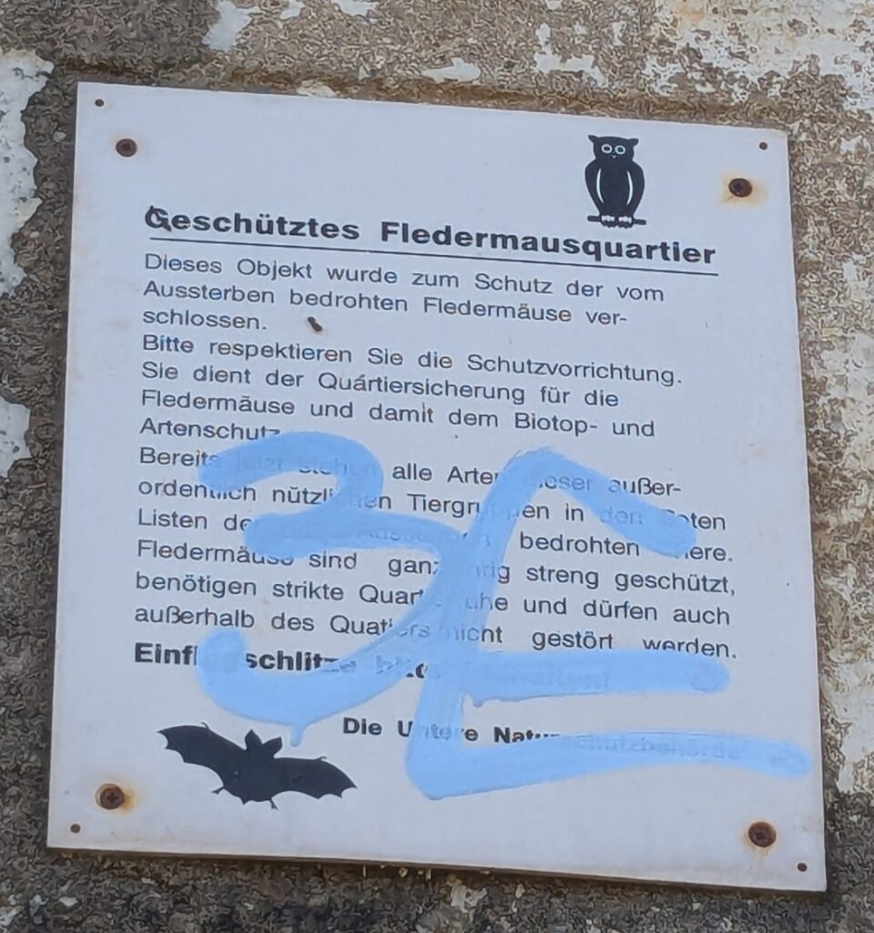Hier ist ein offizielles Informationsschild an einer alten Betonwand zu sehen, das auf ein geschütztes Fledermausquartier hinweist. Es erklärt, dass das Objekt zum Schutz bedrohter Arten verschlossen wurde und Besucher die Ruhezone der Tiere respektieren sollen. Am oberen Rand ziert ein kleines Symbol einer stilisierten Eule das Schild, am unteren ein Fledermaus-Piktogramm. Vandalismus in Form von hellblauer Farbe macht den unteren der drei Absätze schwer lesbar.