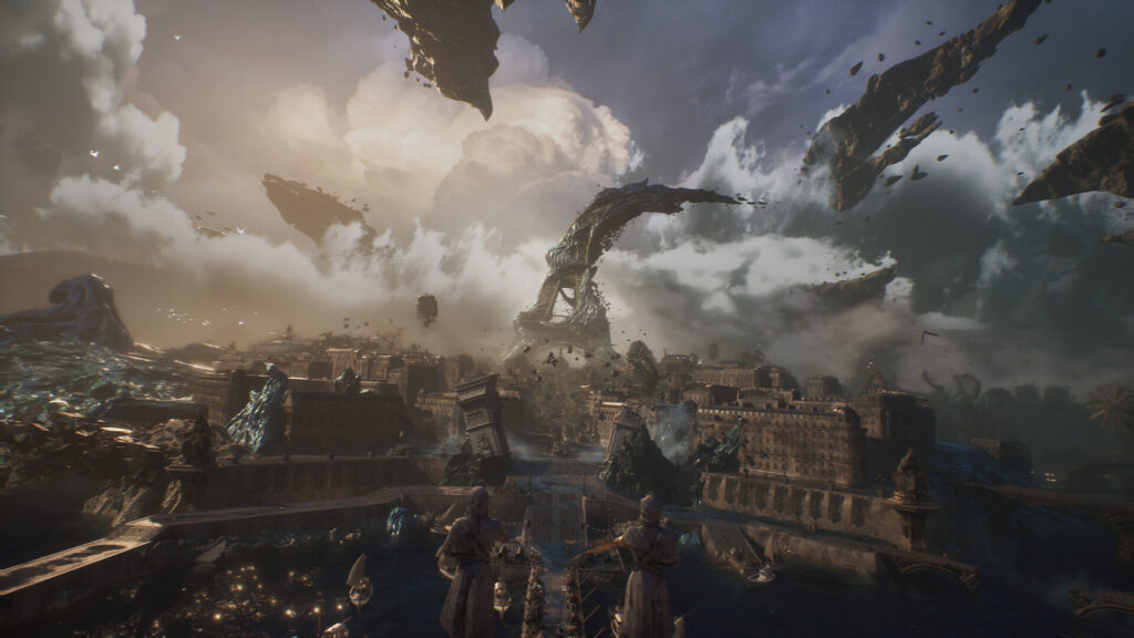 Screenshot aus Clair Obscur: Expedition 33. Stadtpanorama von Paris. Dramatischer Himmel. Eifelturm und Arce de Triomphe sind in Trümmern, die nun schwerelos über der Stadt schweben.