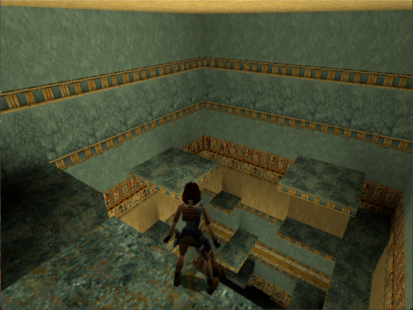 Ein Screenshot aus Tomb Raider, der Lara Croft zeigt, die in einen breiten, quadratischen Schacht nach unten schaut, an dessen Rändern zahlreiche quadratische Plattformen zu sehen sind. Die Wände sind hellblau mit goldenen Verzierungen.